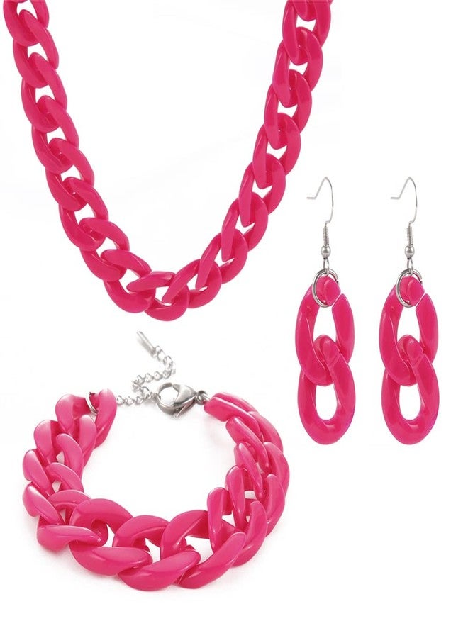 Soyzvteo 3Pcs/Set Acrylic Chunky Statement Necklace Paperclip Cuban Link Bracelet Hip Hop Dangling Earrings Punk Choker Paperclip Statement Jewelry Set for Women (Hot Pink) - Image 1